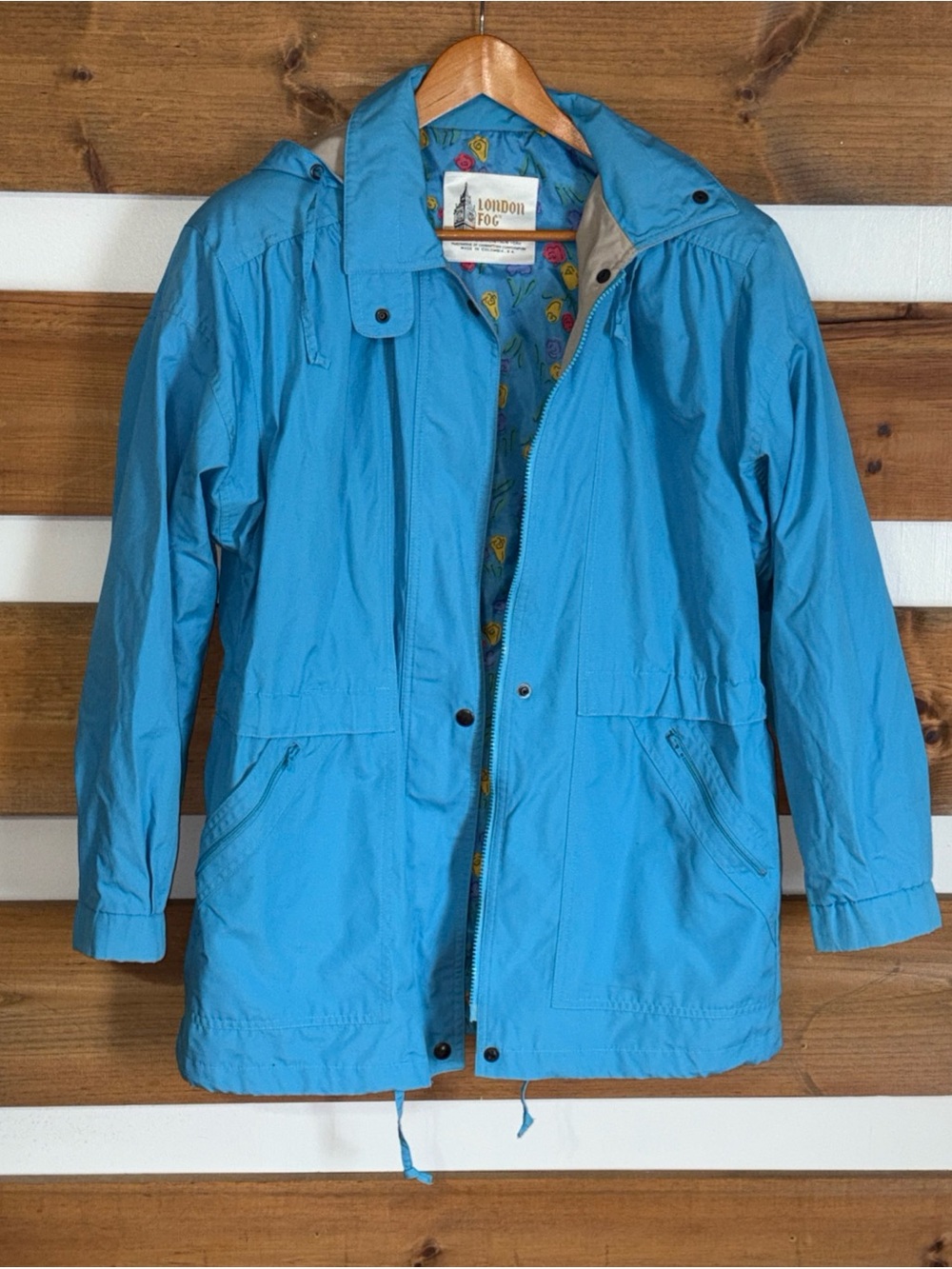 Vintage London Fog All Weather Blue Jacket Cinched Waist Buttons Hood Women's M